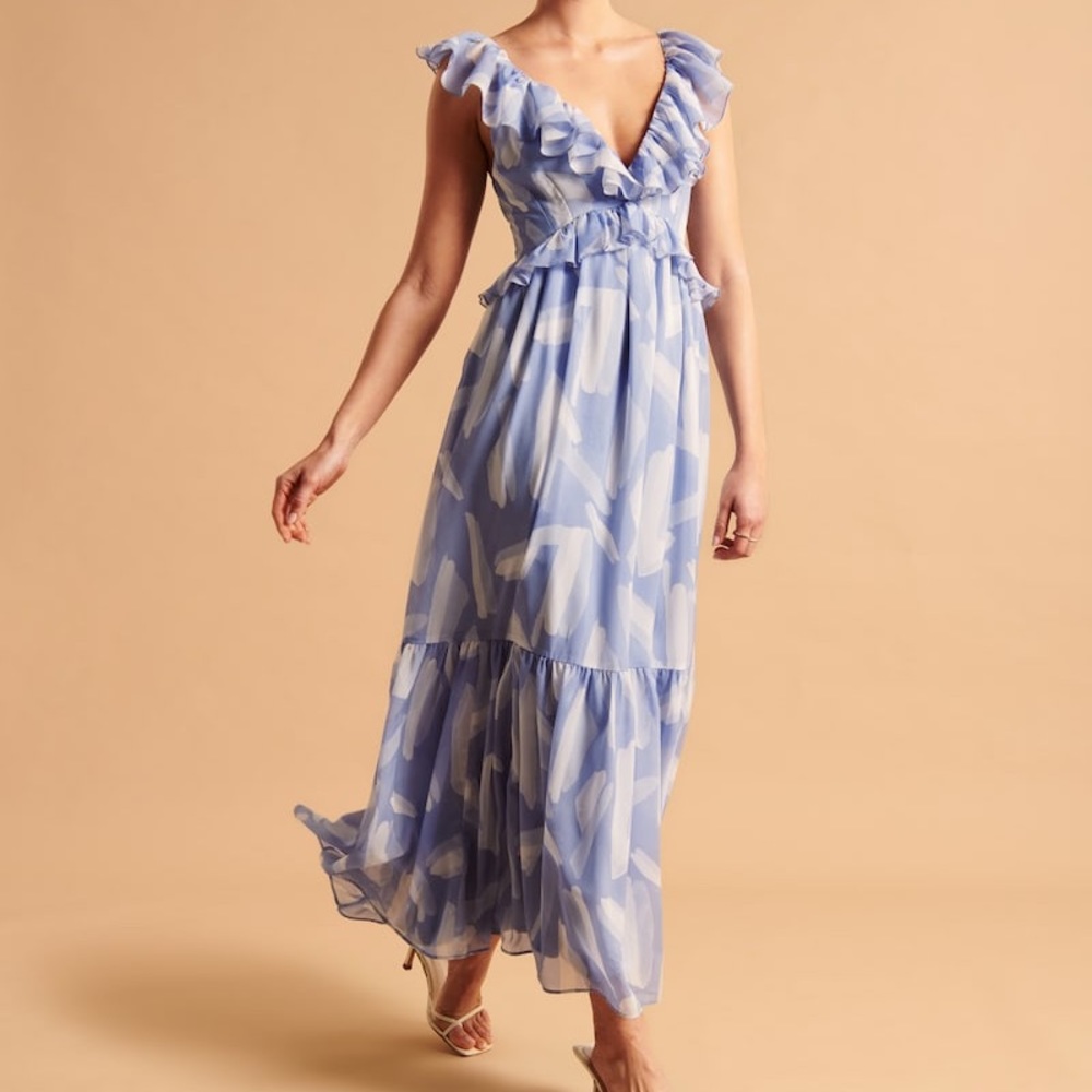 ABERCROMBIE Drama Ruffle Maxi Dress Blue Small Tall NWT